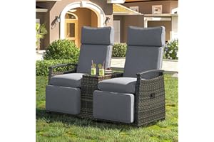 QKFF Patio Recliner Loveseat Chair with Weatherproof Cover, Adjustable Backrest Wicker Outdoor Lounge Chair Set with Built-in Storage Table, Acacia Wood Armrests for Balcony, Porch, Lawn