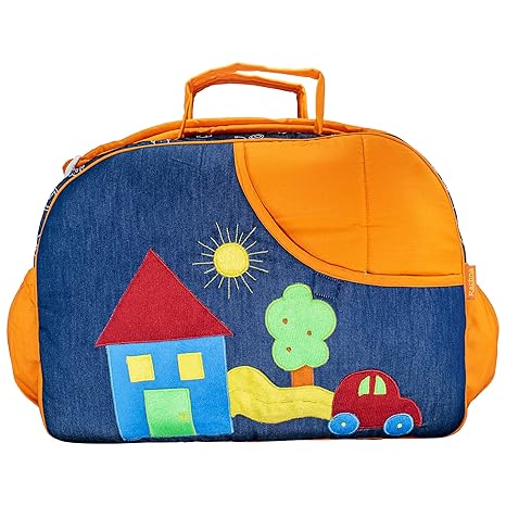 Rachnas Multi-Purpose Travel Organiser Large Capacity Cartoon Embroidery Cotton Denim Mother/Father Shoulder Diaper Bag - 7015 - Fluorescent Orange