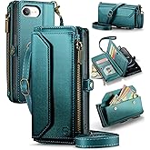Strapurs Wallet Case Compatible with iPhone 16E RFID Blocking 7-Card Holder Soft PU Leather Magnetic Snap Shoulder Strap Zipper Pocket Phone Cases Fit for iPhone 16E - Blue Green