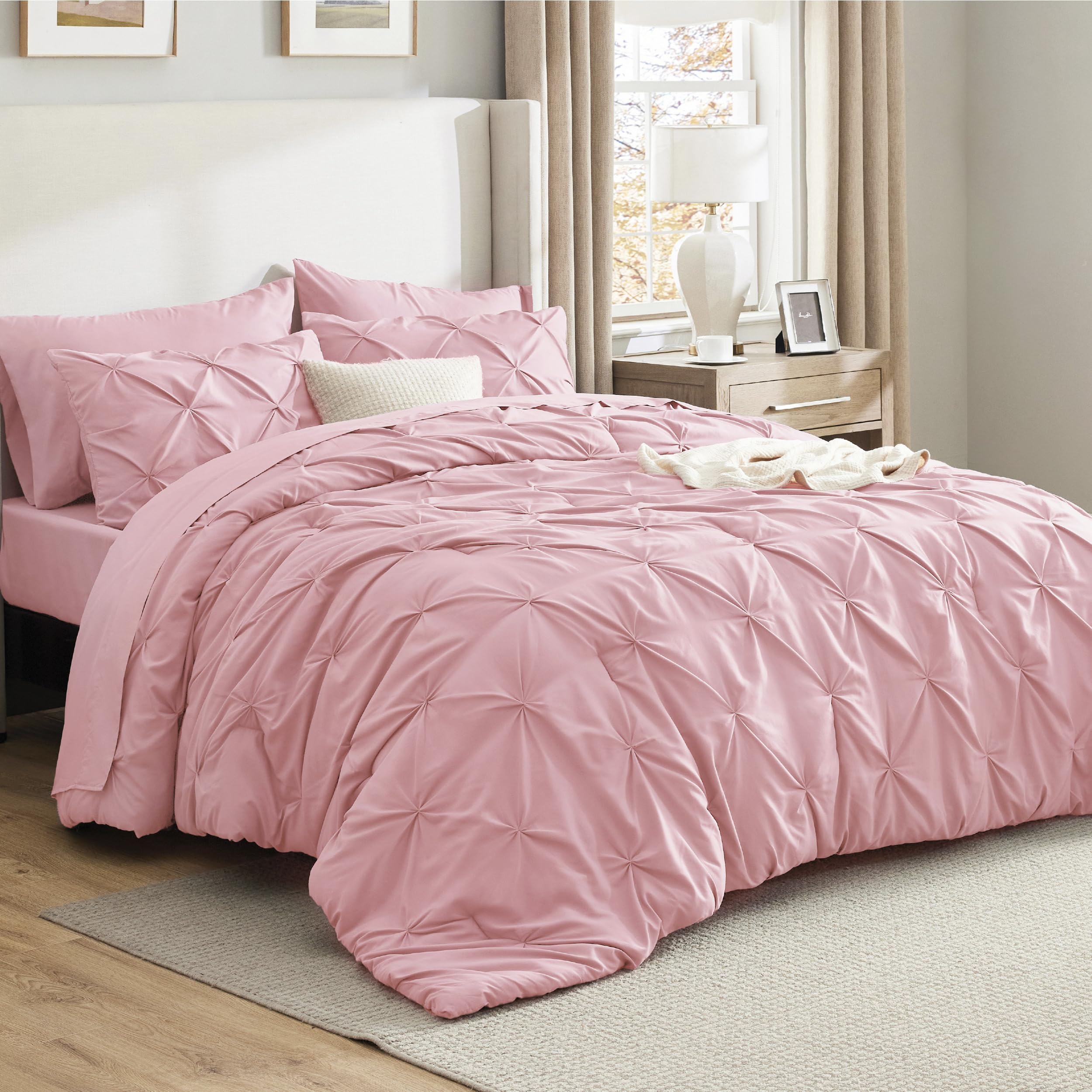 Photo 1 of *****Pieces*****just comforter Bedsure Queen Comforter Set Baby Pink - Bed in a Bag Queen Size Bedding 7 Pieces, GentleSoft™ Pintuck Bed Set Gift for Family, Pinch Pleat All Season Comforter with Sheets, Pillowcases & Shams