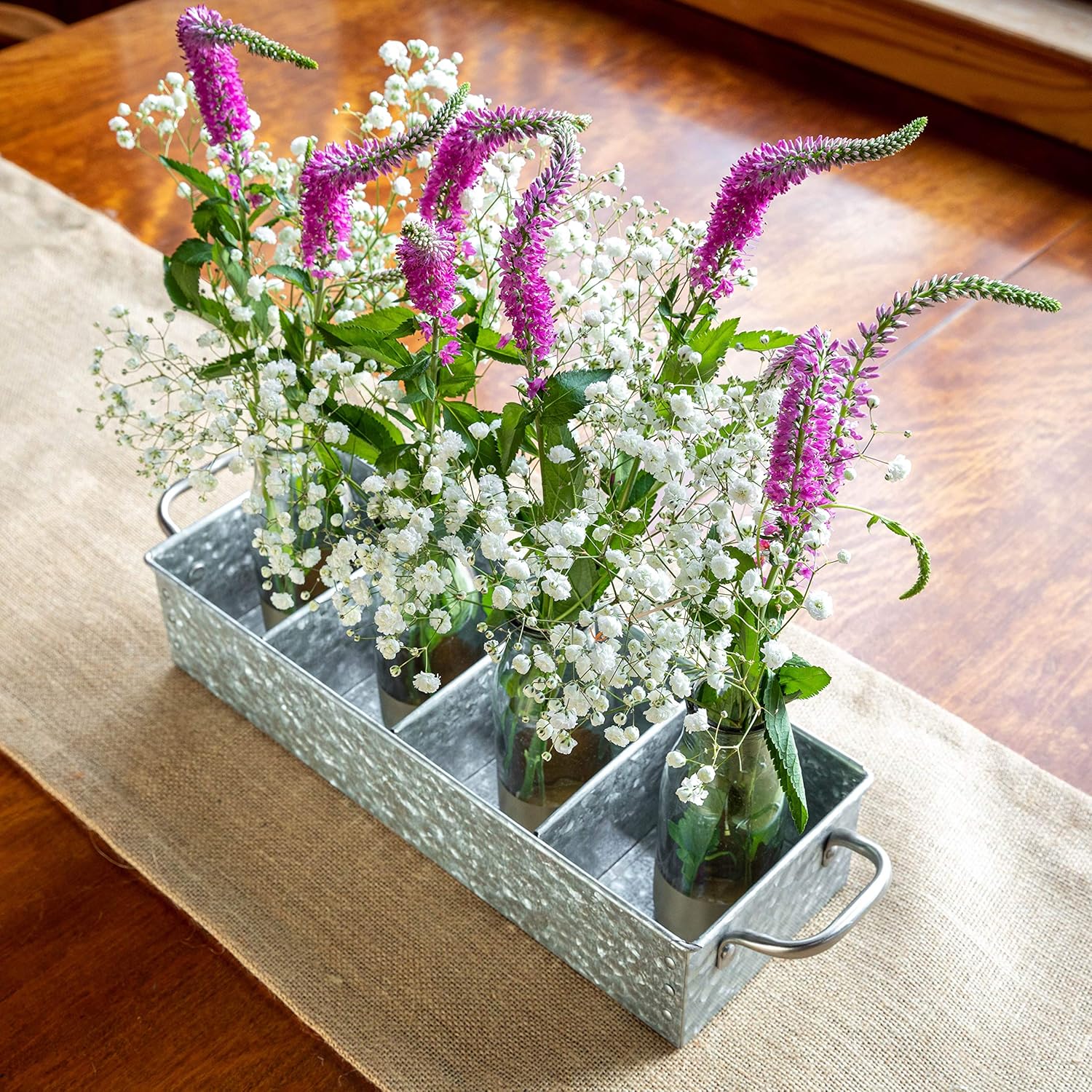 Walford Home Galvanized Farmhouse Decor Tray with Handles - Metal Caddy Organizer for Kitchen, Garden and Garage Tools - Outdoor, Rustic, Home Decor - Galvanized Tray and Storage with 4 Compartments : Garden & Outdoor