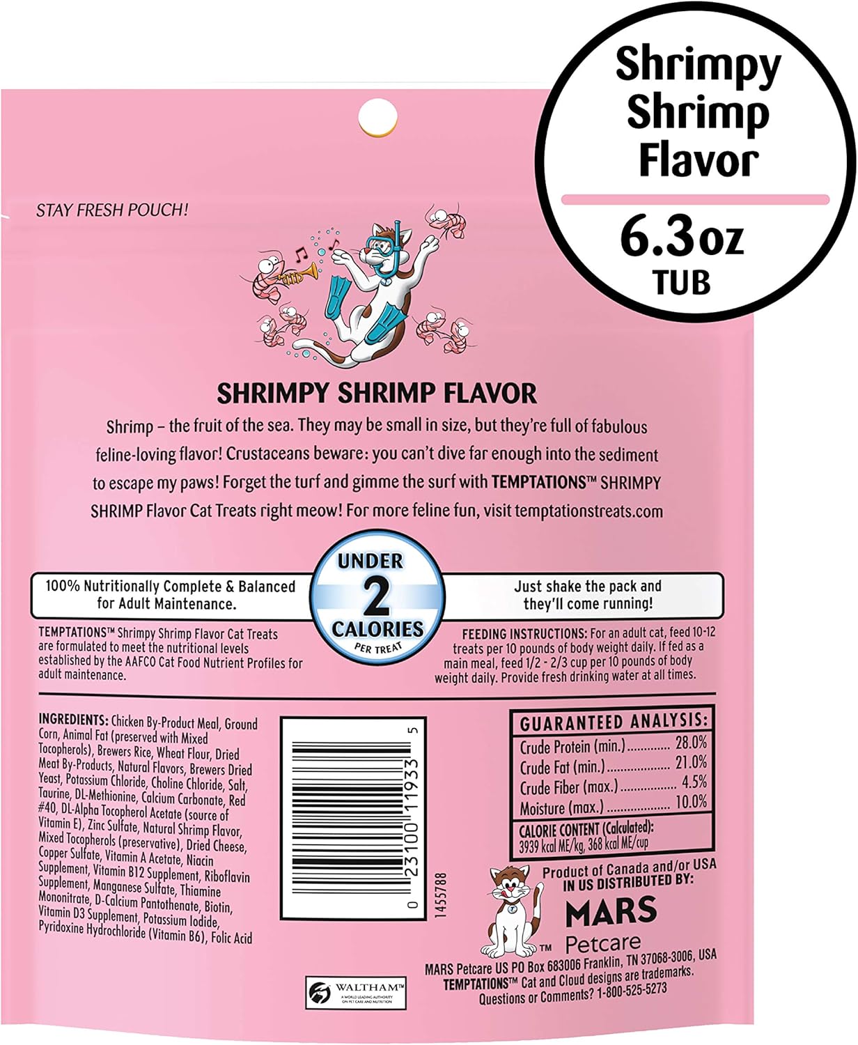 TEMPTATIONS Classic Crunchy and Soft Cat Treats Shrimpy Shrimp Flavor, 6.3 oz. Pouch : Pet Supplies