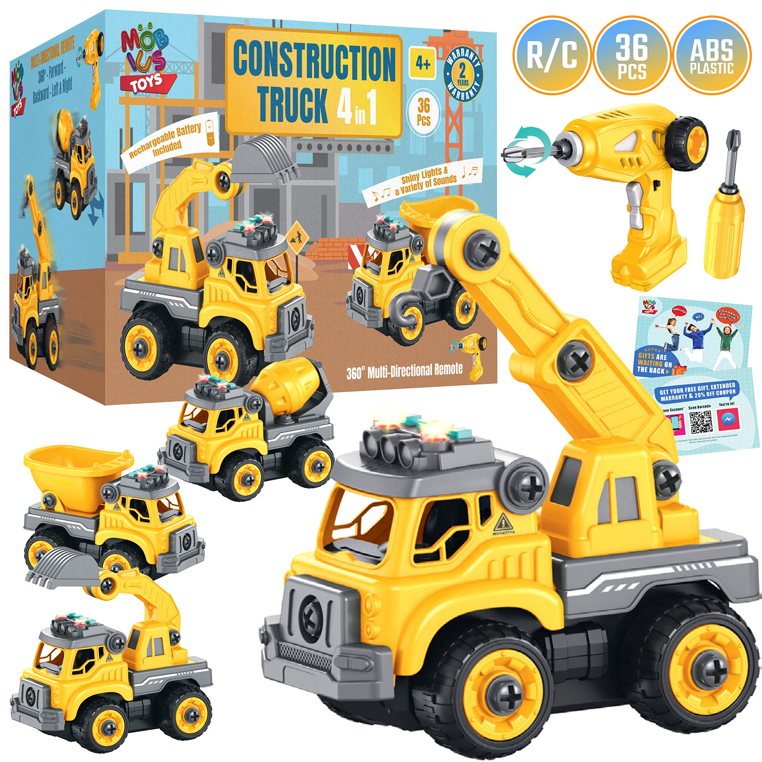 4-in-1 Take Apart Construction Toys for Kids, 36Pcs RC Car Trucks w/Electric 360° Drill Remote Control, DIY STEM Vehicle Building Toy, Sounds, Lights, Rechargeable, 3 4 5 6 7 Year Old Boys, Girls