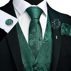 GUSLESON Mens Paisley Dark Green Suit Vest Tie and