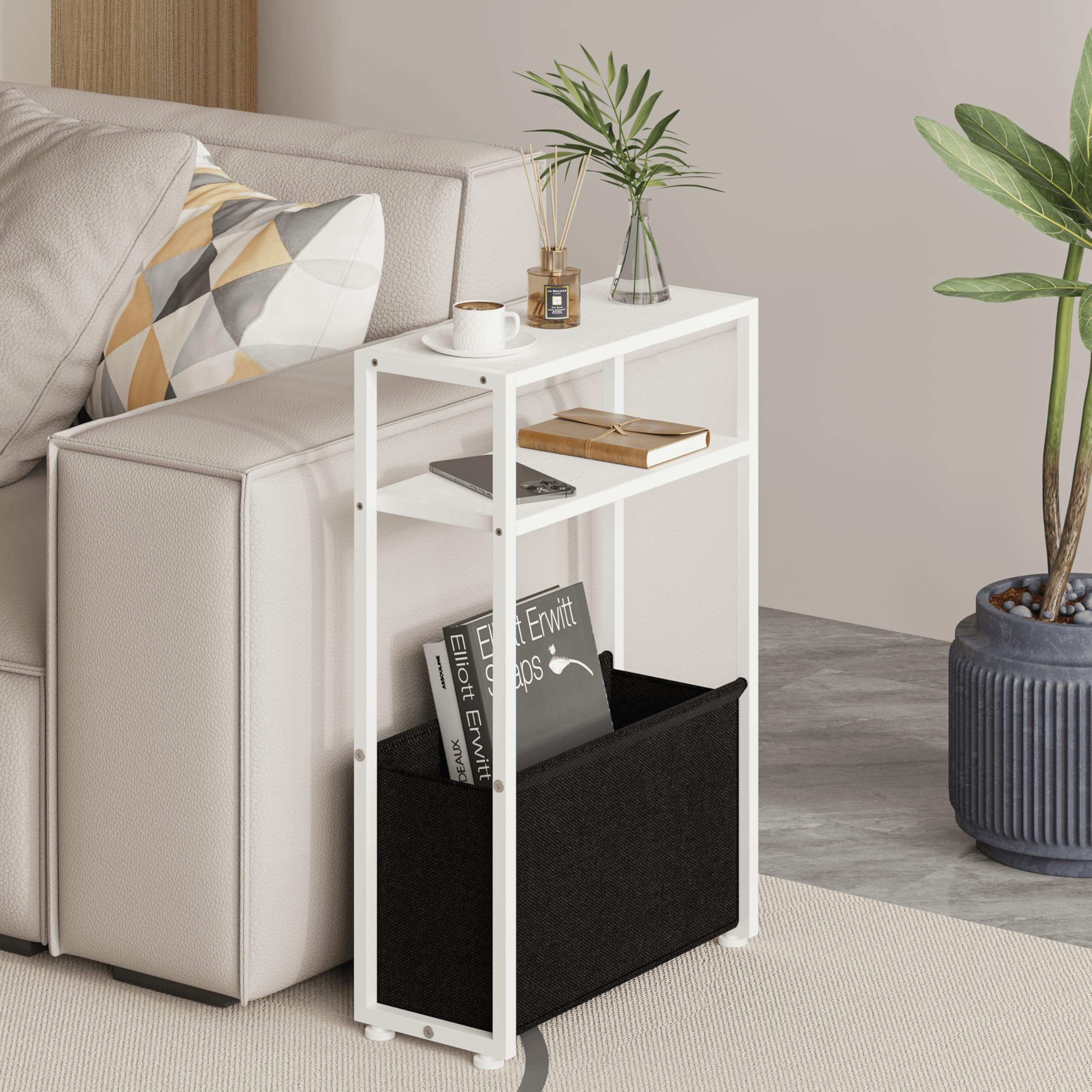 Leomonio Narrow Side Table, Slim End Tables with Fabric Basket, Skinny Table for Small Spaces, Thin Bedside Table for Living Room, Bedroom, White, ZBZ01 Image