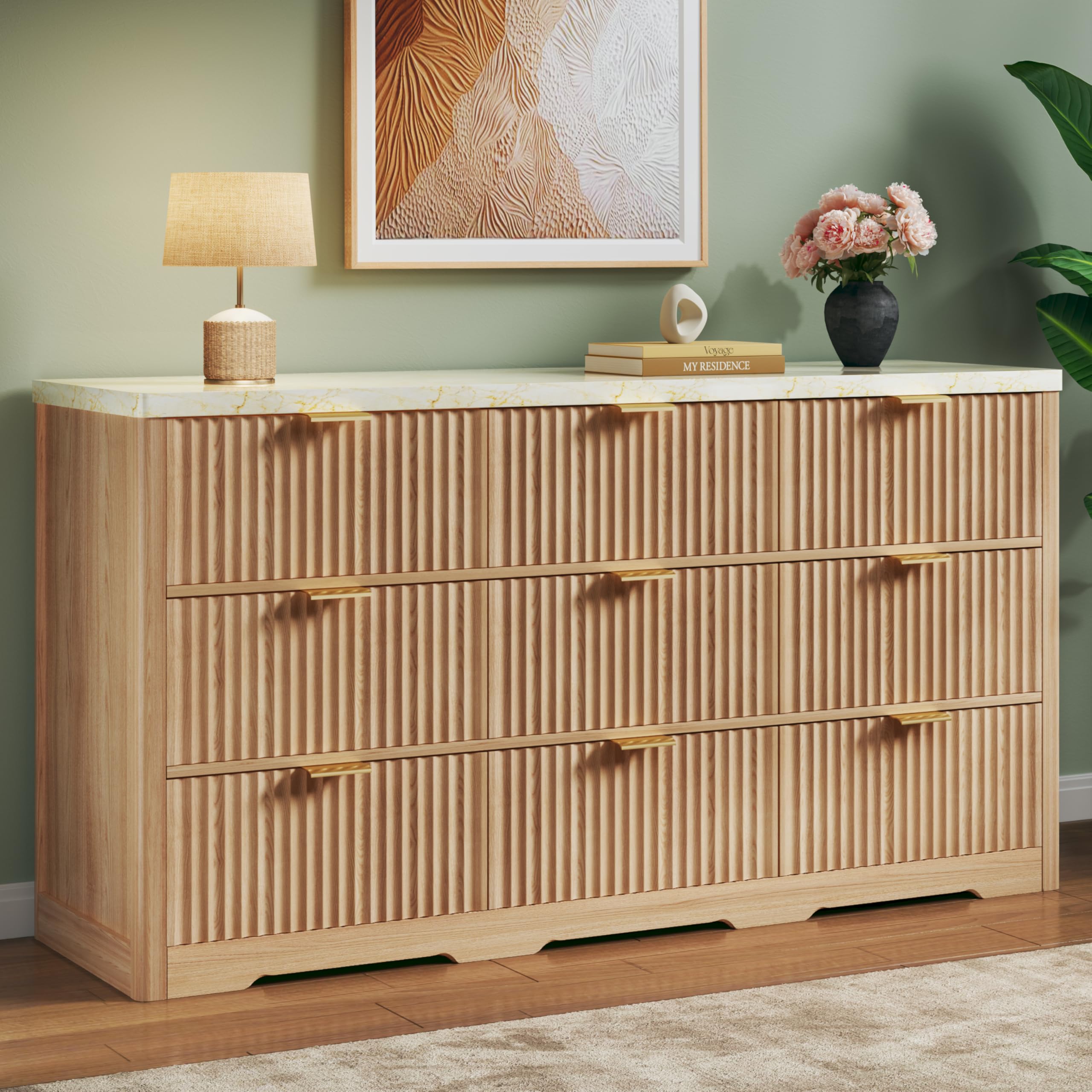 Fluted Dresser for Bedroom with 9 Drawers, 53'' Mid Century Modern
