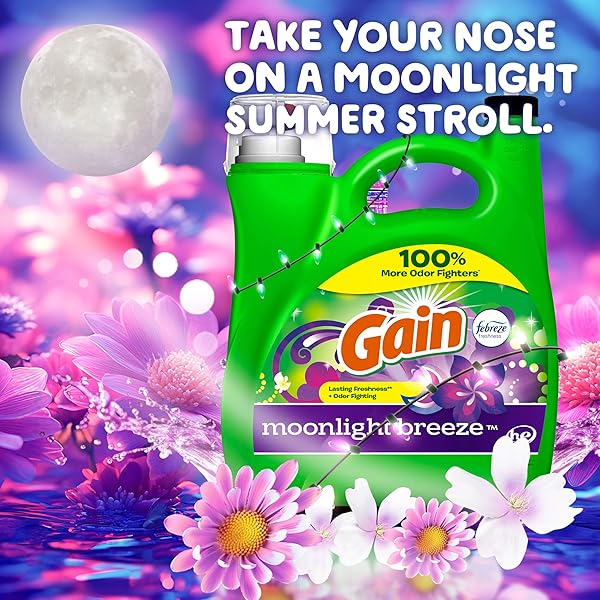 GAIN LIQUID LAUNDRY DETERGENT, MOONLIGHT BREEZE SCENT, 194 FL OZ, 134 LOADS, FRESHNESS + ODOR FIGHTING, HIGH EFFICIENCY WASHING MACHINE LIQUID CLEANING SOAP