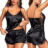 RSLOVE Women Pajama Set Sleepwear - Satin Pajamas Silk V Neck Cami and Shorts Pjs 2 Piece Womens Sexy Lace Lounge Nightwear