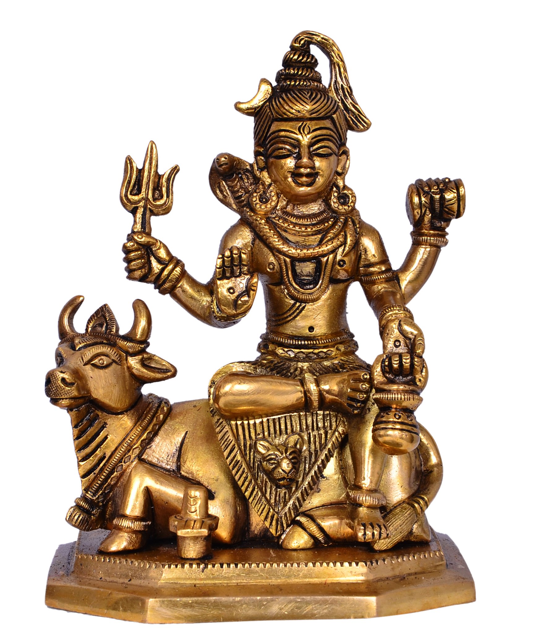 Purpledip Brass Idol Lord Shiva Mahadev & Nandi: Solid Brass Metal Statue For Home Temple, Office Table or Shop Puja Shelf | Hindu Religious Gift (10380)