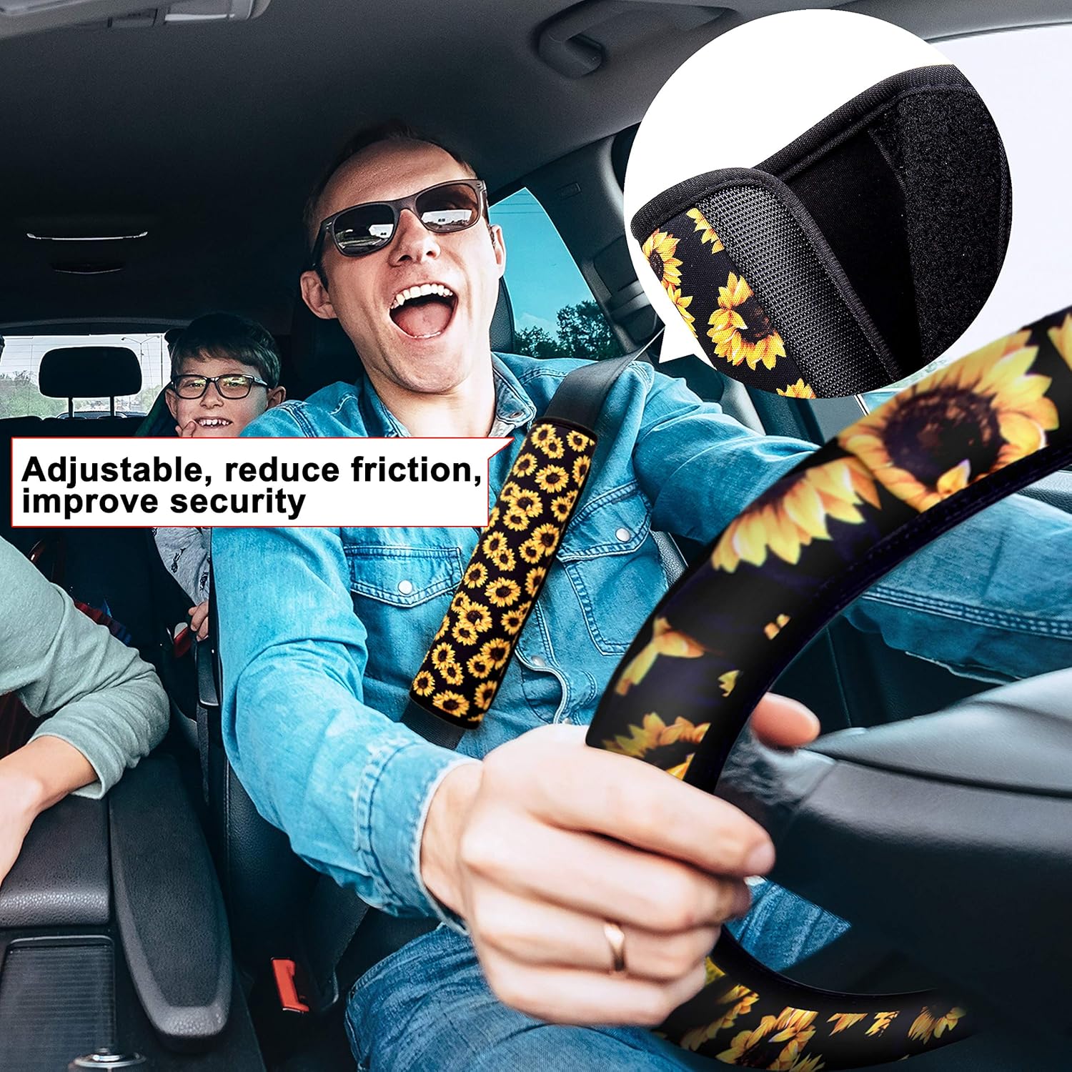 BQTQ 16 Pcs Sunflower Car Accessories with 2 Pcs Car Front Seat Covers 1 Pc Steering Wheel Cover 2 Pcs Seat Belt 2 Pcs Coaster 2 Pcs Keyrings 1 Pc Lanyard 2 Pcs Vent Decor 2 Pack Fragrance Cotton Pad: Automotive