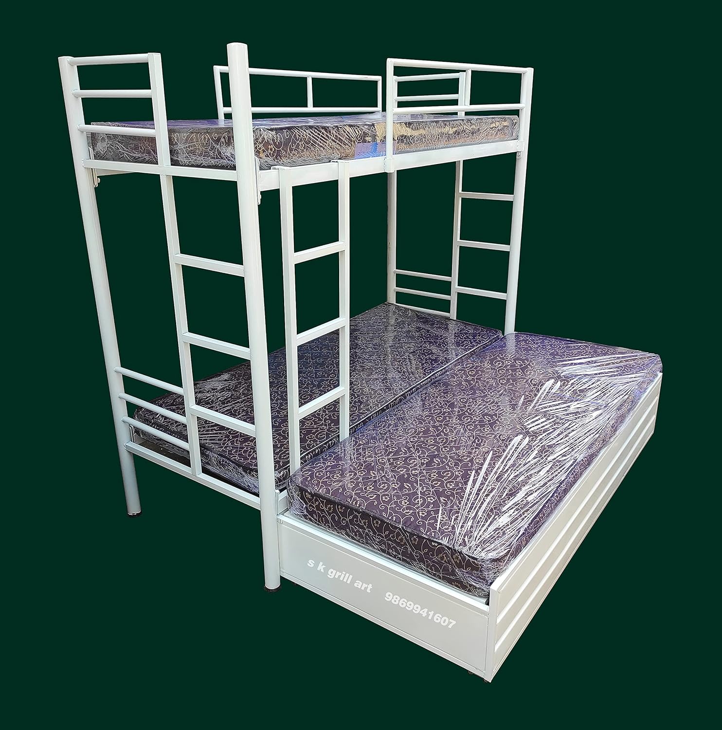 S K Grill Art Wrought Iron Bunk Bed with Storage Box (2.5 x 6 Feet
