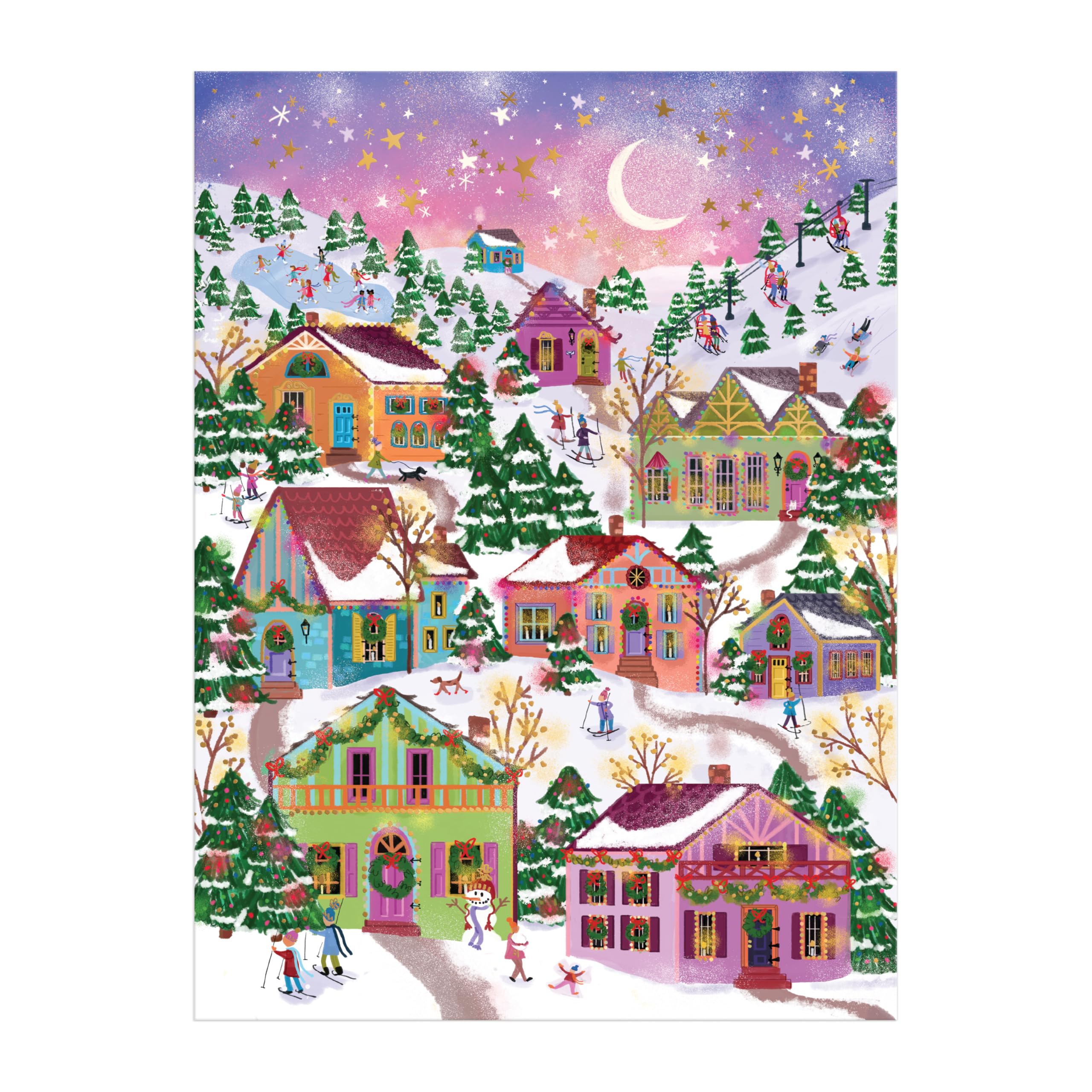 Galison Snowcap Village – 1000 Piece Foil Joy Laforme Jigsaw Puzzle Featuring Beautiful Artwork of Snowcapped Village During Christmas