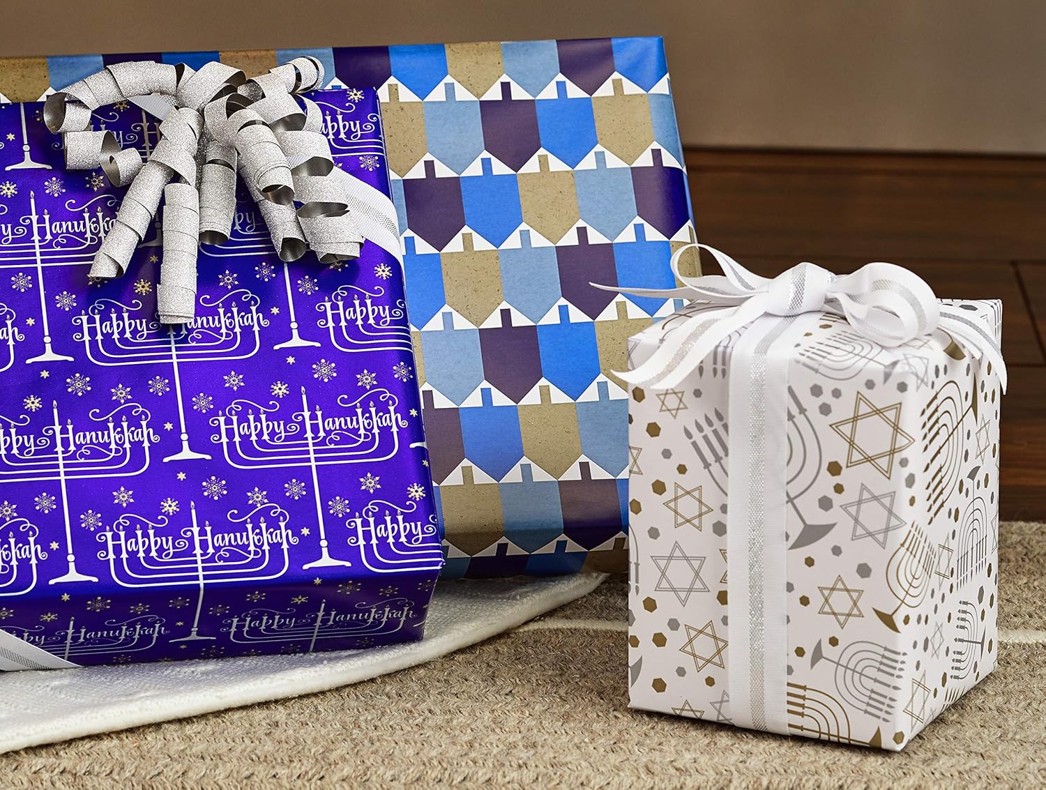 Hallmark Tree of Life Hanukkah Wrapping Paper Bundle with Cut Lines on Reverse, Blue, Gold and White (Pack of 3, 140 sq. ft. ttl.): Kitchen & Dining
