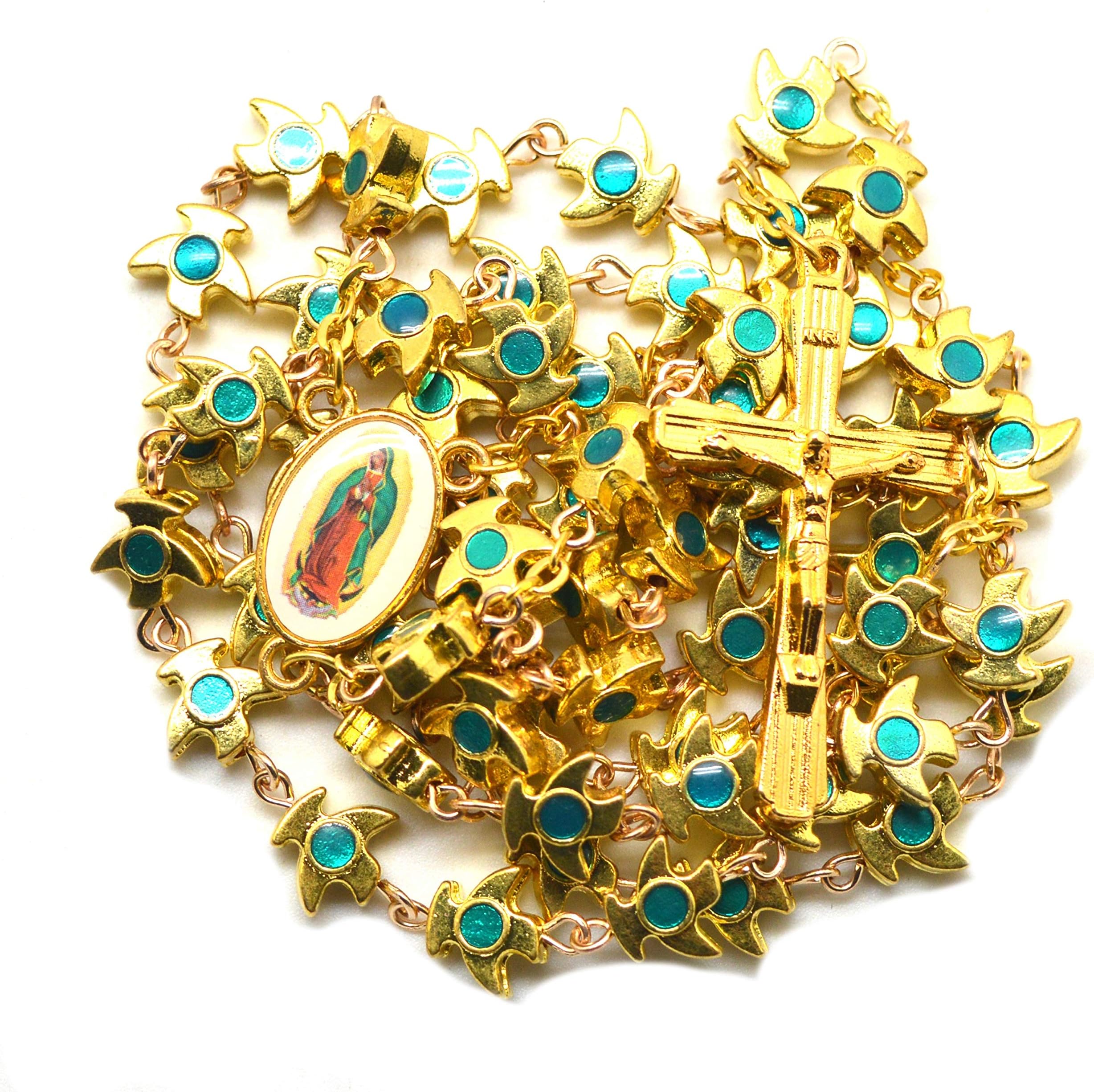 Prettyrosary Virgin Mary of Guadalupe and Holy Spirit Beads Intercession Rosary. 18K Gold Plated
