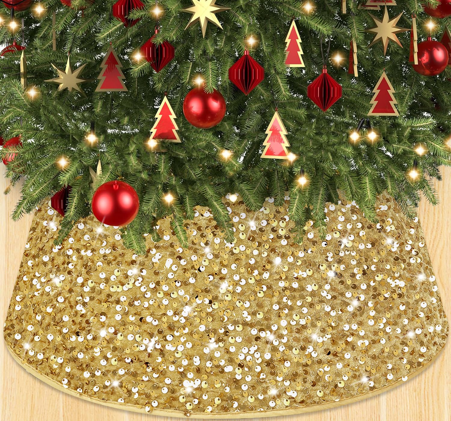 Photo 1 of WUPIOS Gold Christmas Tree Collar Glitter Xmas Tree Collar 23.6 Inch Sequin Christmas Tree Skirt Collar Sparkle Xmas Tree Base Special Christmas Tree Stand Cover for Winter Holiday Party Ornament