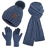 Womens Winter Beanie Hats Scarf Touchscreen Gloves Set Chenille Knit Fleece Lined Beanies Pompom Hat Scarves