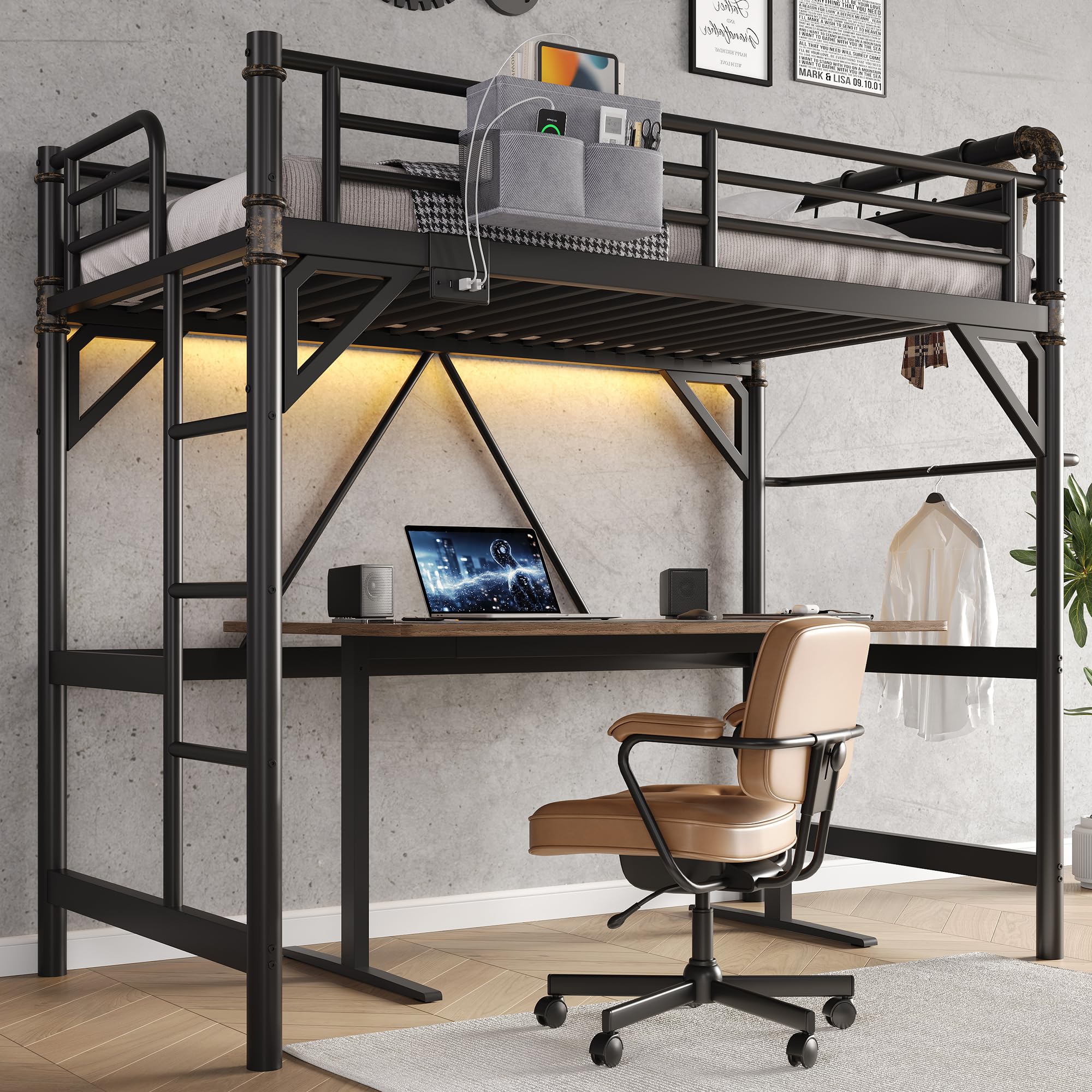 Photo 1 of ***STOCK PHOTO FOR REFERENCE ONLY***
***PARTIAL SET - PRICE ADJUSTED***
Twin Size Loft Bed with LED Lights and Charging Station, Industrial Heavy Duty Metal Loft Bed Frame with Ladder and Guardrail for Kids Adults, Small Space Saving Design for Bedroom Do