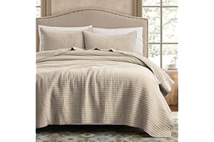 WDCOZY 100% Cotton King Size Quilt Set - Beige Neutral Striped Pick Stitch Soft Lightweight Bedspread, Textured Like Linen, Farmhouse Country Rustic Coverlet, Shabby Chic Gauze Bedding, 3 Pieces