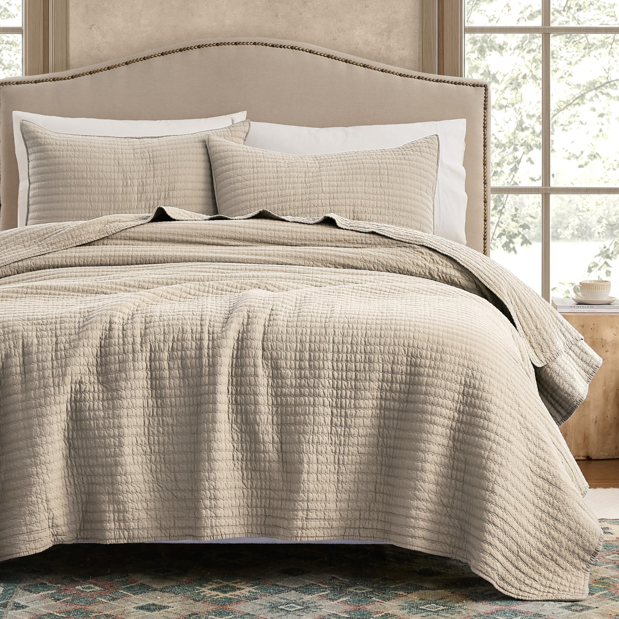 Photo 1 of WDCOZY 100% Cotton Queen Size Quilt Set - Beige Neutral Striped Pick Stitch Soft Lightweight Bedspread, Textured Like Linen, Farmhouse Country Rustic Coverlet, Shabby Chic Gauze Bedding, 3 Pieces