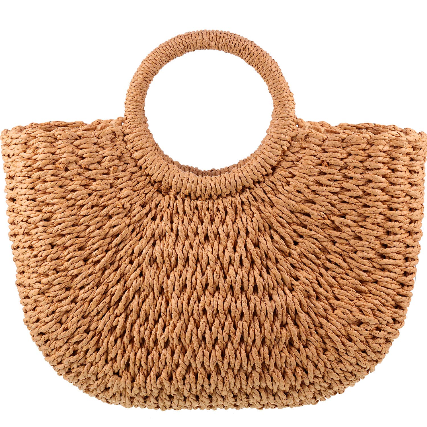 Frienda Straw Tote Bag Summer Beach Bag Handmade Straw Woven Handbag for Women Travel, khaki, 12.6 x 7.87 x 8.66 Inch
