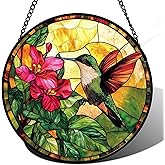 AMDERVEN Stained Glass Suncatcher, Hummingbird Red Flowers Green Leaves Sun Catcher Stain Glass Window Hanging Decoration Mother's Day Birthday Gifts for Bird Lover Women Men Mom Nana 6.3 in