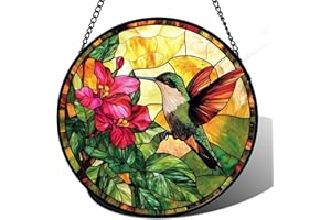 AMDERVEN Stained Glass Suncatcher, Hummingbird Red Flowers Green Leaves Sun Catcher Stain Glass Window Hanging Decoration Mother's Day Birthday Gifts for Bird Lover Women Men Mom Nana 6.3 in