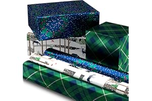 Hallmark Foil Holiday Wrapping Paper with Cut Lines on Reverse (3 Rolls: 60 sq. ft. ttl) Woodland Scene with Deer, Green and Navy Blue Plaid, Wreaths on Navy Blue