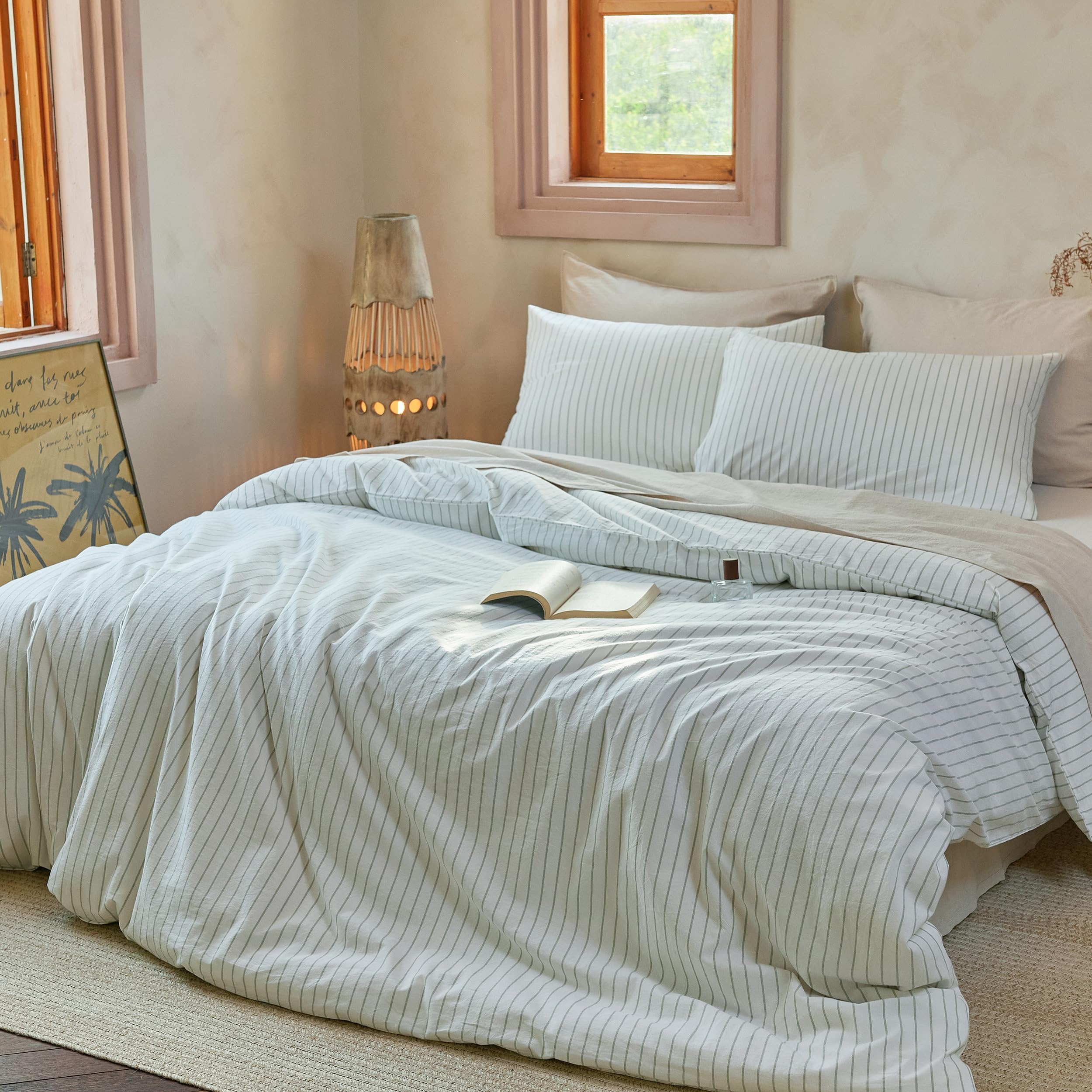 Photo 1 of FALUCA 100% Washed Cotton Striped Duvet Cover Set Queen Size 3 Pieces (1 Duvet Cover 88"x92", 2 Pillow Shams) Breathable Durable Soft Bedding Set for All Season (White-Sage Green Stripes, Queen)