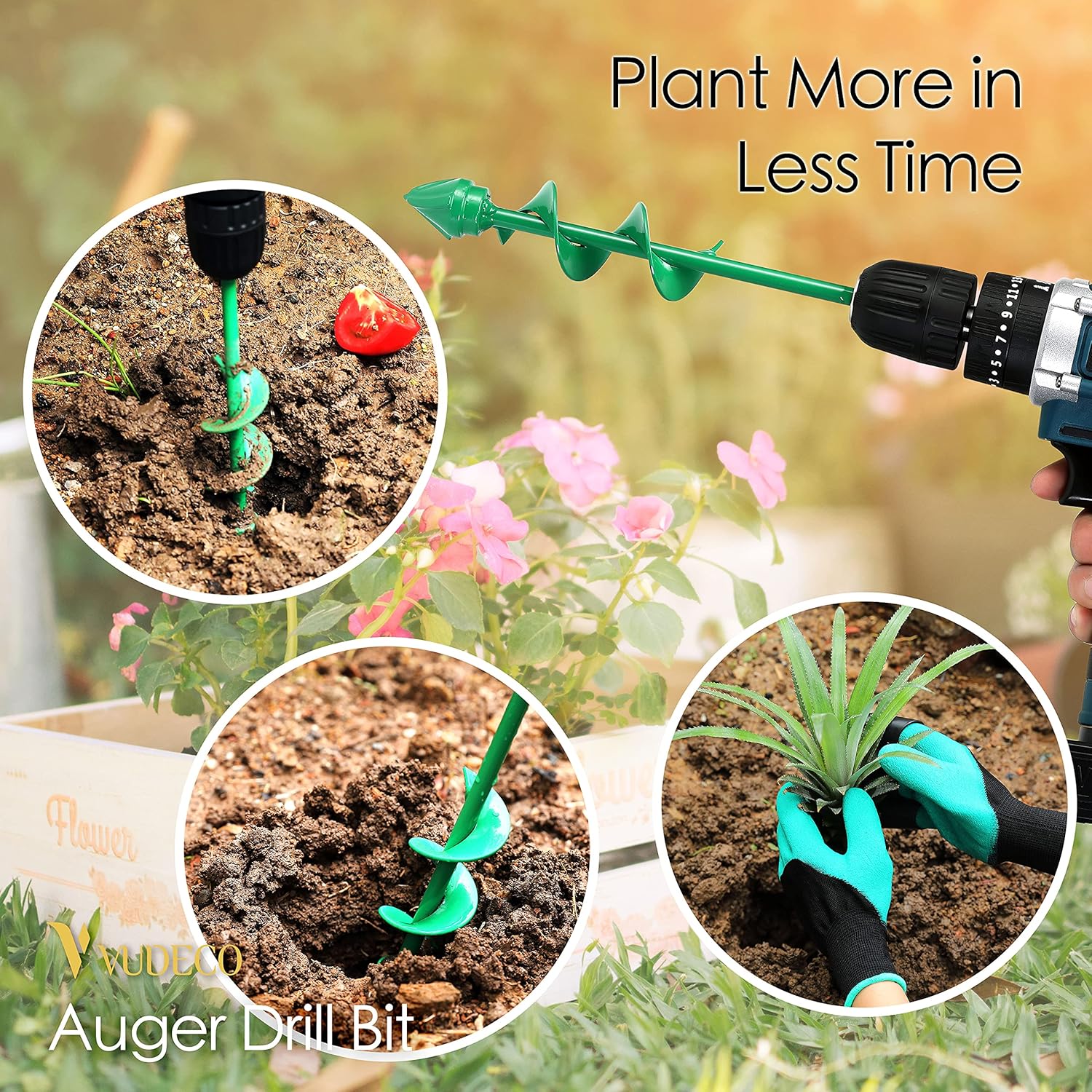 VUDECO Auger Drill Bit 2 PCS Set with Garden Genie Gloves for Planting Hole Drill Planter Auger Spiral Hole Drill Bit Bulb Bedding Digging Post Hole Planting Tool 11.8"x3.15" and 8.7"x1.57": Industrial & Scientific