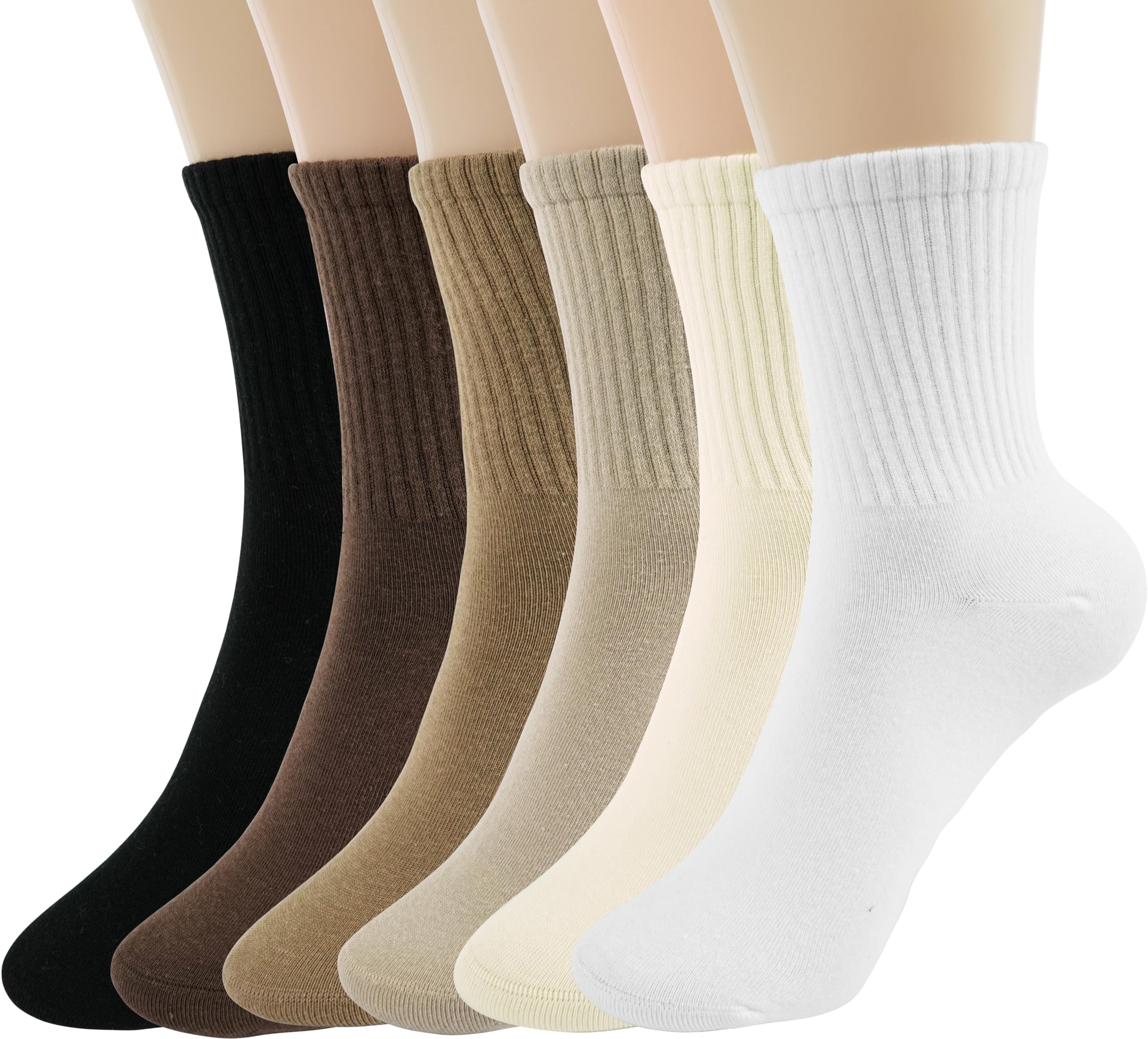 Photo 1 of BomKinta Women Casual Calf Socks - Cute Cotton Crew Socks - Soft Above Ankle Sock 6 Pairs White Beige Brown Light Brown Khaki Black Size 5-10