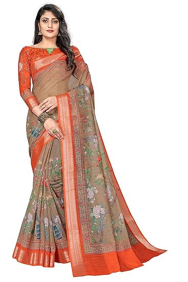 Women's Banarasi Linen Saree With Blouse Piece (Digital_Print_Saree111_Multicolored)
