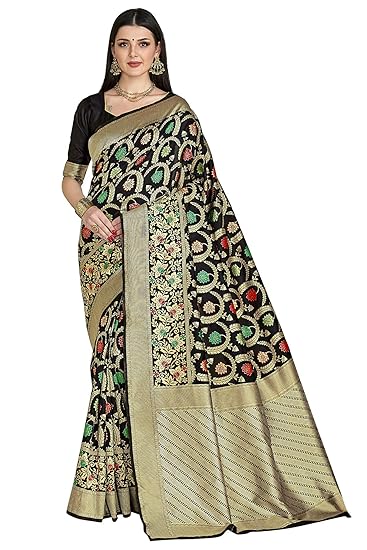 Women�s Silk Blend Banarasi Saree (Bridal_Silk115_Black_Black)
