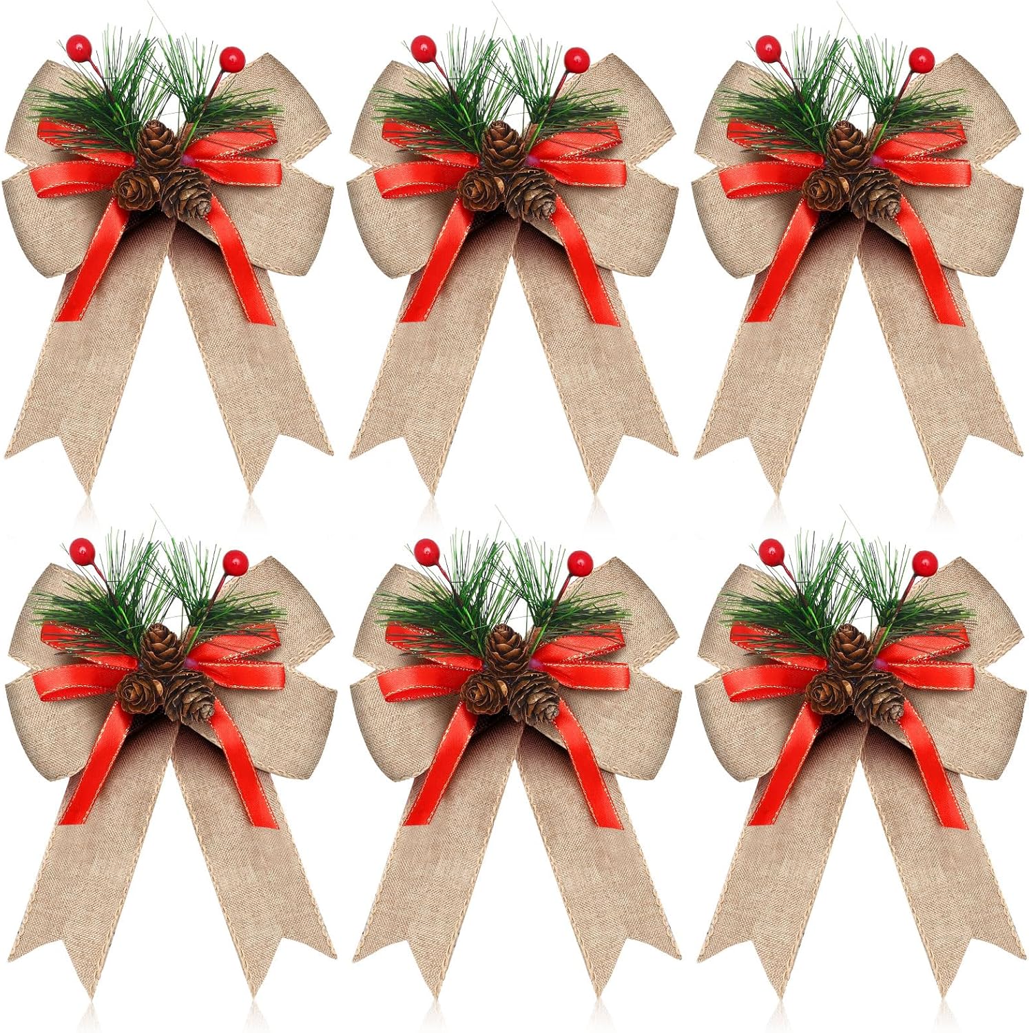 Bows & Ribbons - Syhood 6 Pieces Christmas Buffalo Plaid Bow Checkered Ribbon Bow with Pine Cone Christmas Tree Decoration Bows for Christmas Parties Christmas Trees Indoor Outdoor Crafts (Flaxen)