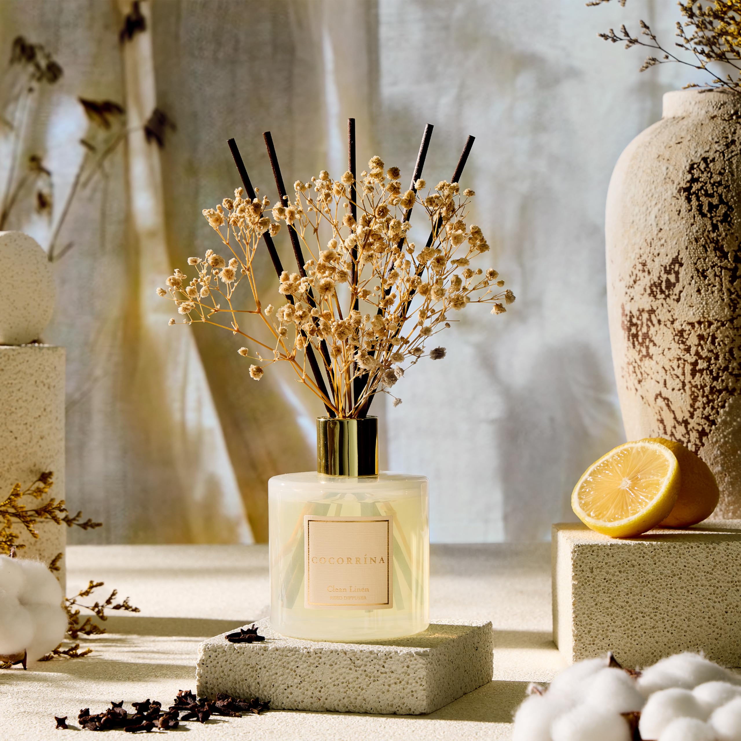 COCORRÍNA Raumduft Reed Diffuser mit 8 Duftstäbchen 200ml- Sauberes Leinen, Natürlich, Langanhaltend, Home Duft ätherisches Öl Reed Diffusor für Badezimmer Regal Dekoration 6
