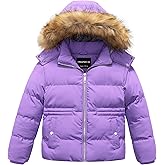 CREATMO US Girl's Kids Metallic Shiny Jacket with Detachable Fur Collar Warmth Winter Outerwear