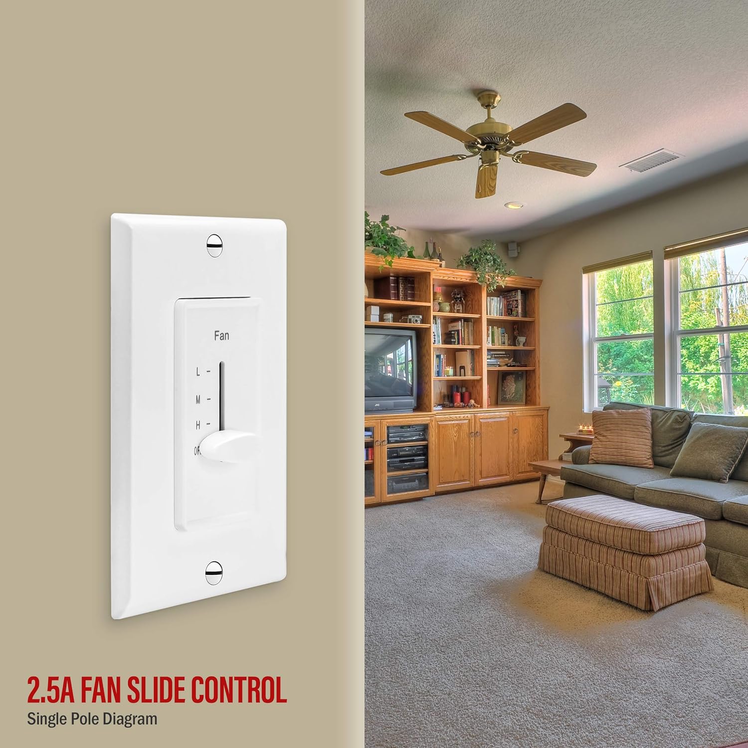 ENERLITES 3 Speed In Wall Ceiling Fan Control, Slide switch, 120VAC, 2.5A, Single-Pole, Neutral Wire Required, 17000-F3-W-F, White - - 
