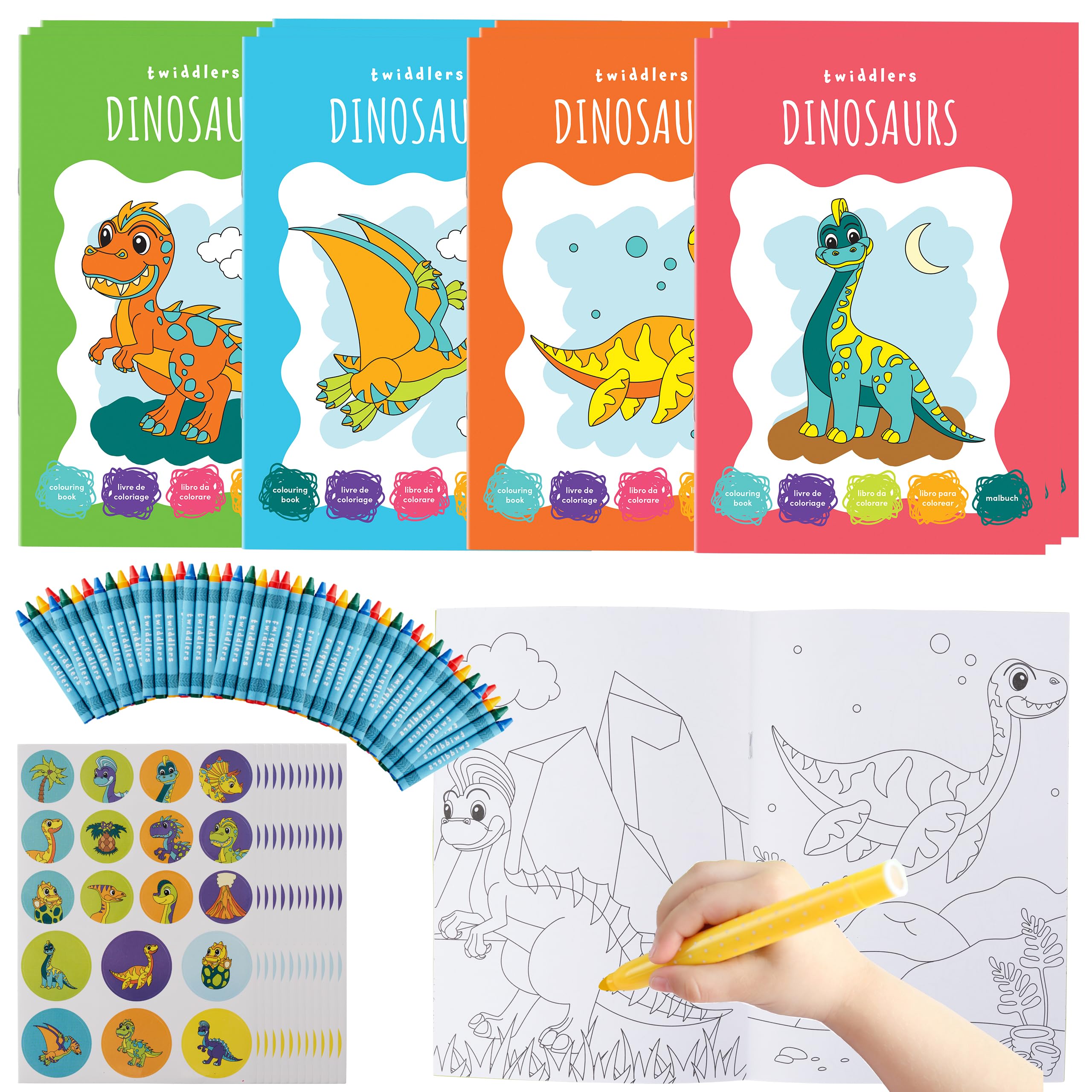 THE TWIDDLERS 12 Pack A5 Dinosaur Colouring Books for Kids (Age 4-8) - Complete Set with 12 Sticker Sheets and 12 Mini Crayon Packs (4 per Pack) for Children's Party Bags