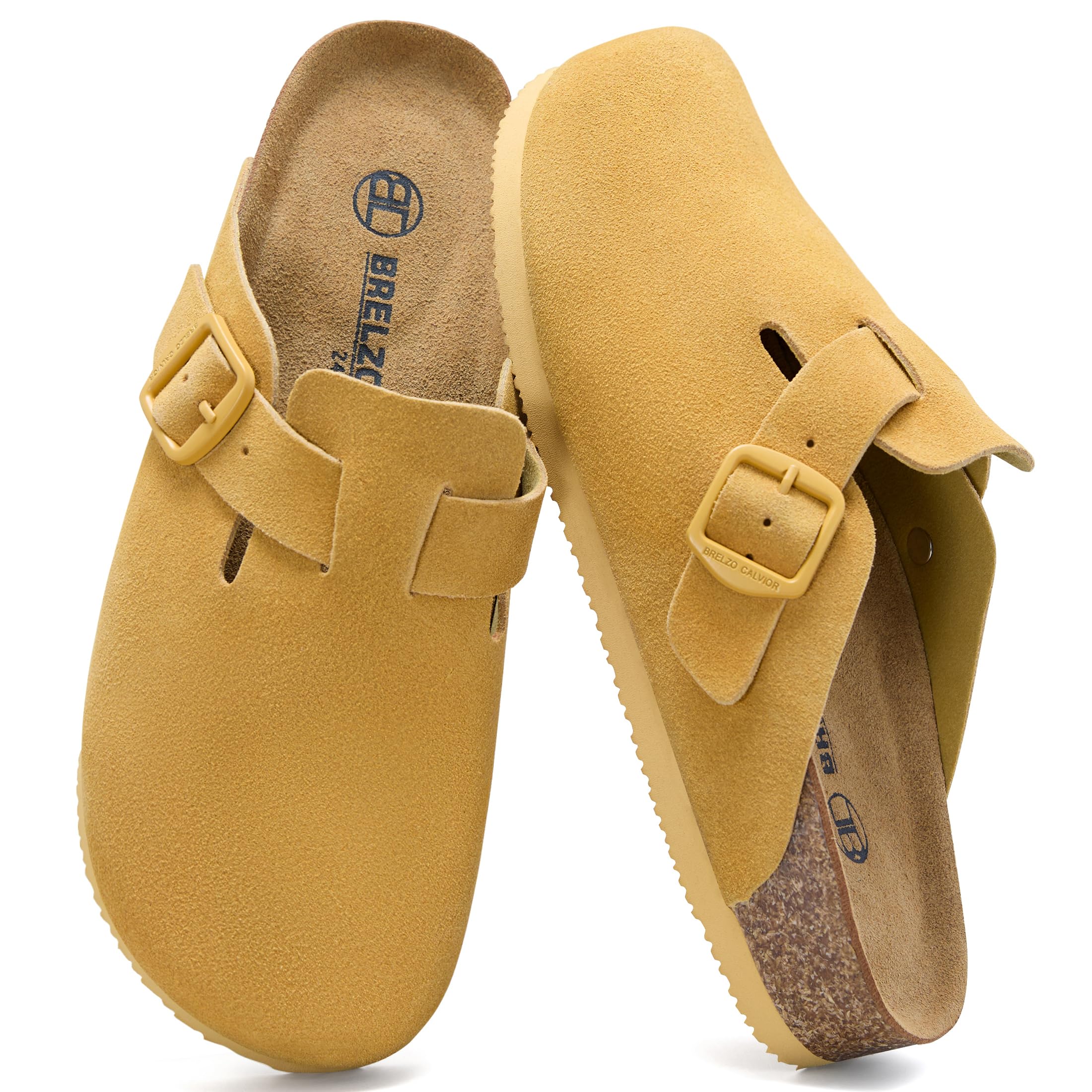 Brelzo Calvior Women's Suede Clogs Men's Slip-On Leather Mules Non-Slip Potato Shoes Arch Support Sandals with Adjustable Buckle for Indoor & Outdoor Use Yellow Image