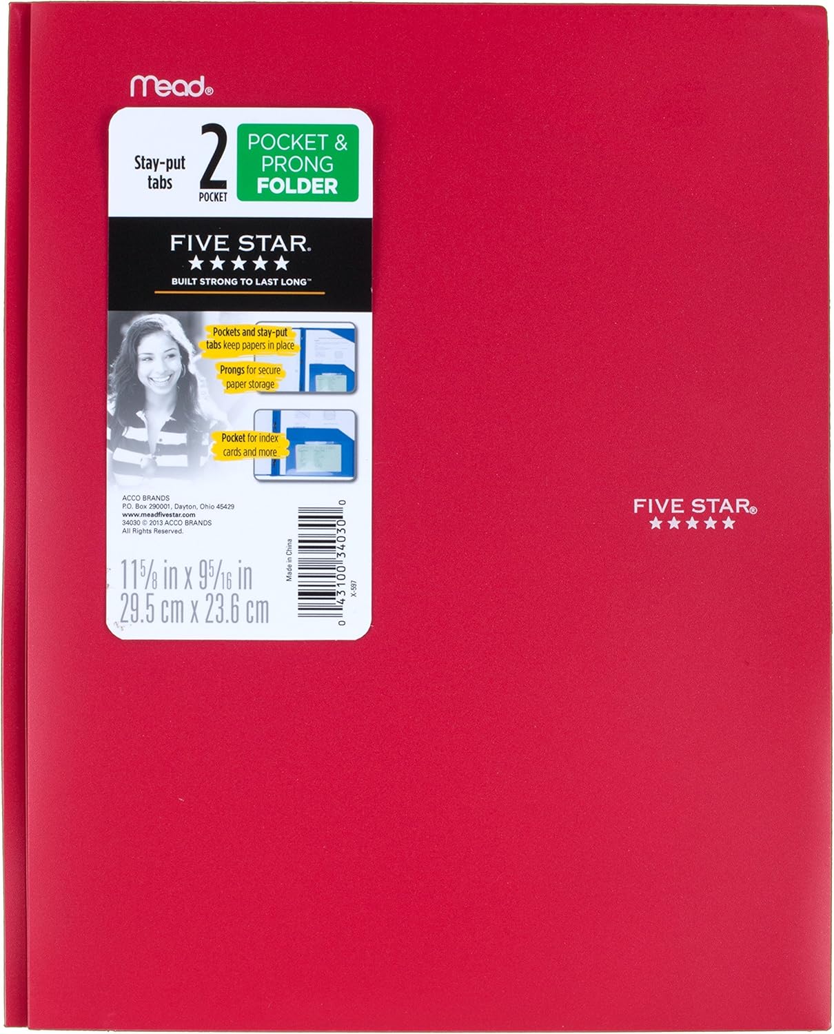 Five Star 2 Pocket Folders with Prong Fasteners, Stay-Put Folder, Folders with Pockets, Plastic, Black, Red, Green, Blue, 4 Pack (38064) : Office Products