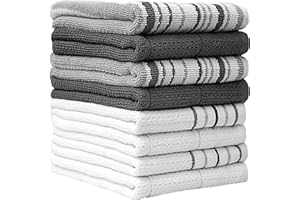 BUMBLE TOWELS Pack of 8 Premium Kitchen Towels Set - Striped Waffle Yarn Dyed Kitchen Hand Towels - Large, 420 GSM, Ultra Absorbent - Dish Towels for Drying Dishes - Cotton Tea Towels - Kitchen Hand Towels - Grey