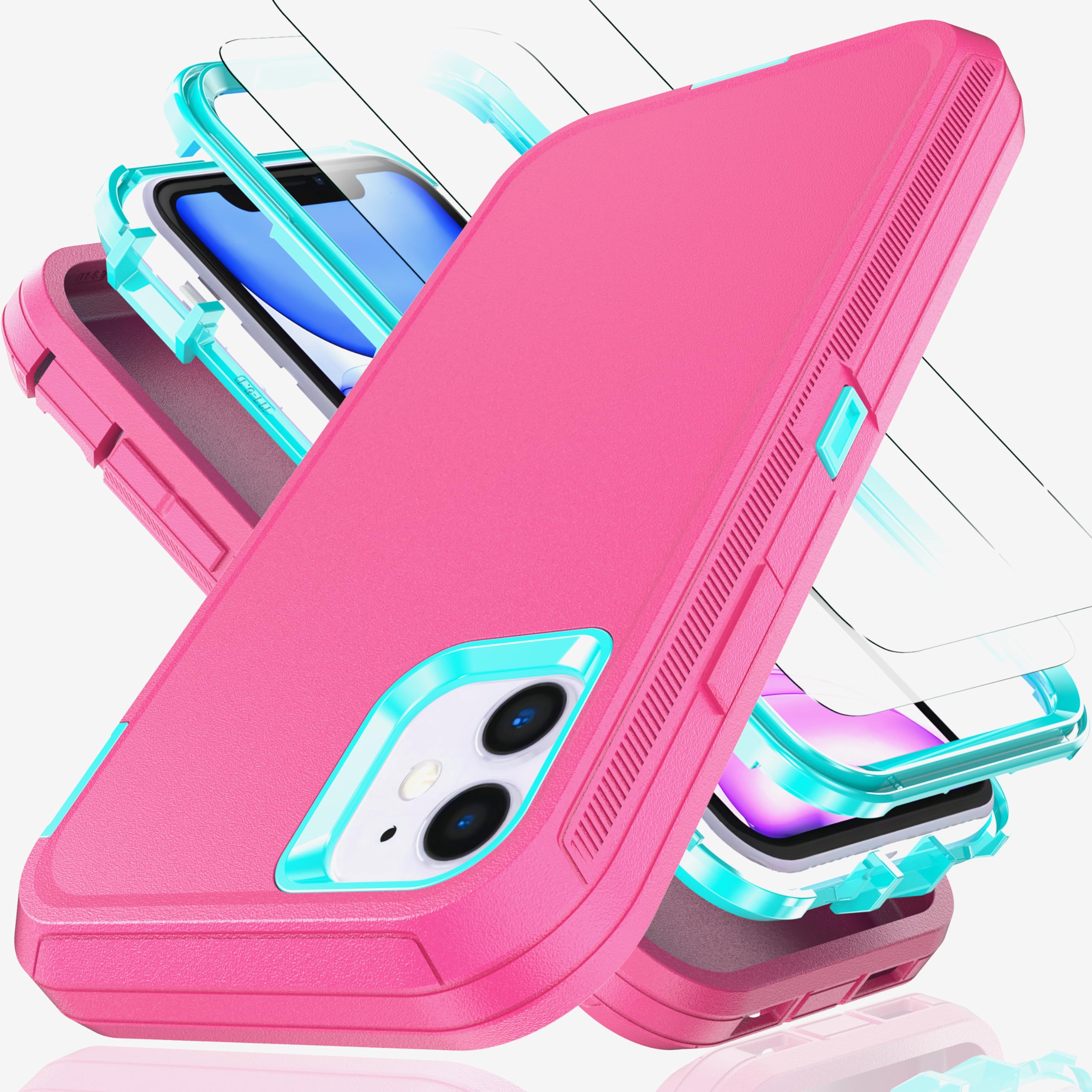 KaiMai for iPhone 11 Case with Explosion-Proof Film[2 Pack],3 in 1 Shockproof TPU Hard PC Bumper Drop-Proof Shell for iPhone 11,Pink with Sky Blue