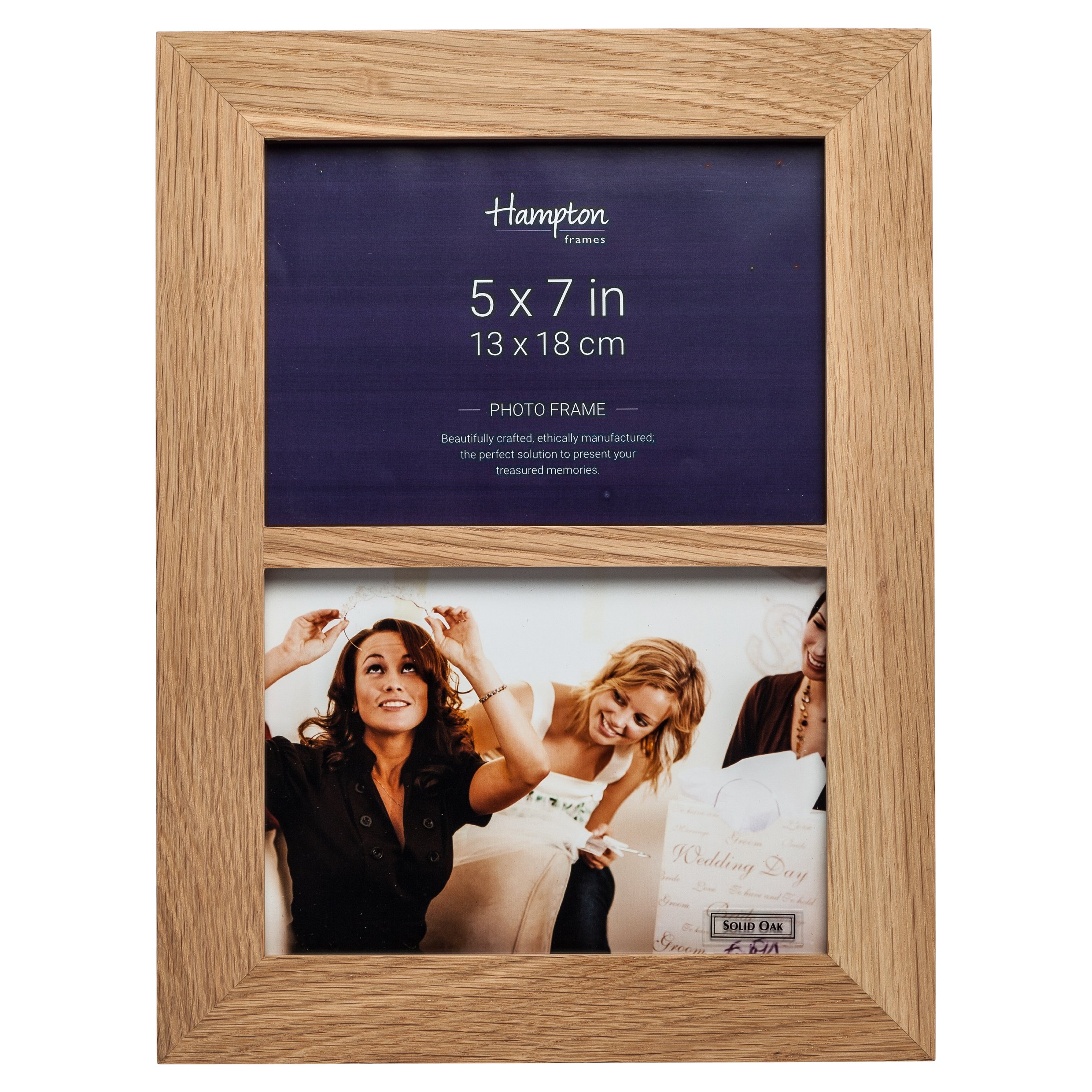 Hampton Frames | Photo Frame Double 5x7 (13x18cm), Solid Oak, Natural | Wall Mount or Freestanding, Glass Aperture, Seamless Corners | Elegant Home Display