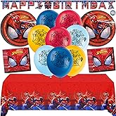 Spiderman Birthday Decorations | Spiderman Balloons, Banner, Tablecloth, Plates, Napkins, Sticker | Serves 16 | Officially Licensed