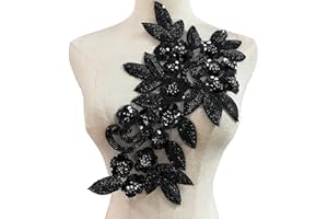 Heyiwell 1PC 3D Sew on Applique Embroidery Beaded Rhinestone Patch for DIY Clothing Wedding Dress Decoration 8.26"x13.75"Inch,Black
