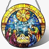 LAOWEIKI 8'' Stained Glass Window Hanging, Nativity Scene Ornament, Christian Christmas Ornament, Holy Family Decoration, Religious Decor, Gift for Christmas, Religious Gifts, Christian Gifts