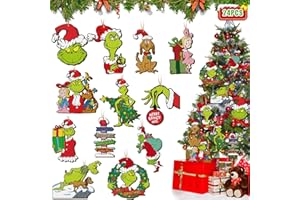 WADOAF 24pcs Grinch Christmas Tree Ornaments, 2024 Grinch Christmas Top Tree Decoration, Hanging Xmas Grinch Wooden Ornament, Cute Christmas Ornaments Gifts for Holiday Party Indoor Decor