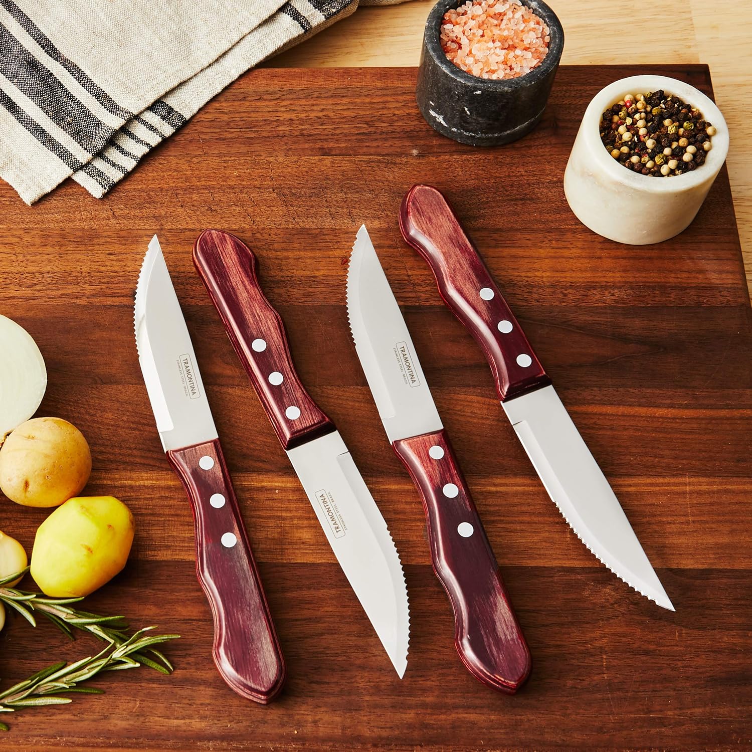 Tramontina P-500DS Porterhouse Stainless Steel 4-Piece Steak Knife Set, Rounded Tip, Polywood Handle, Made in Brazil: Kitchen & Dining