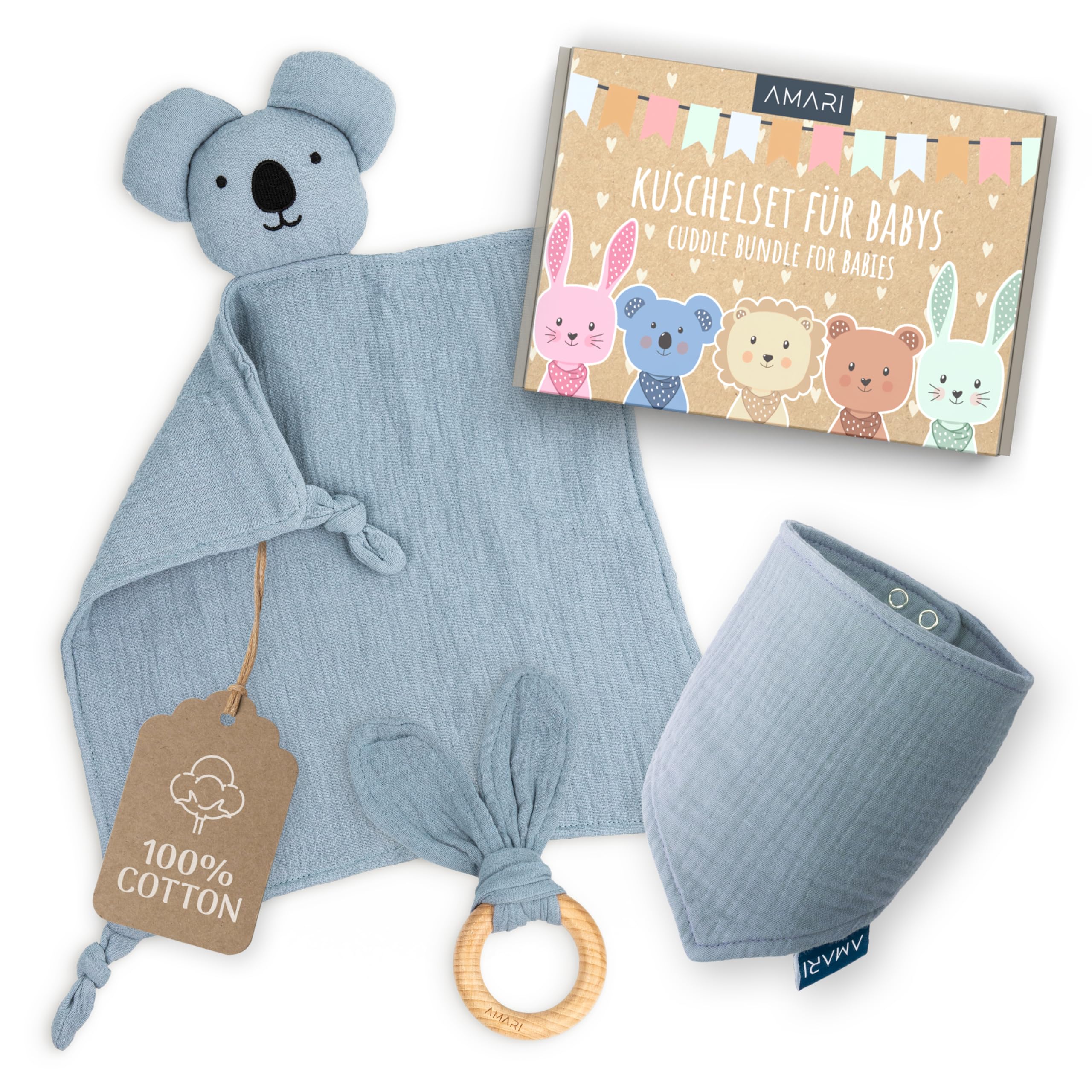 AMARI ® Cuddle Cloth with teether and bib, Ideal Gifts for Birth for boy and Girl - Baby Gift Newborn - Cuddle Cloth Baby Gifts Set for Baby Shower