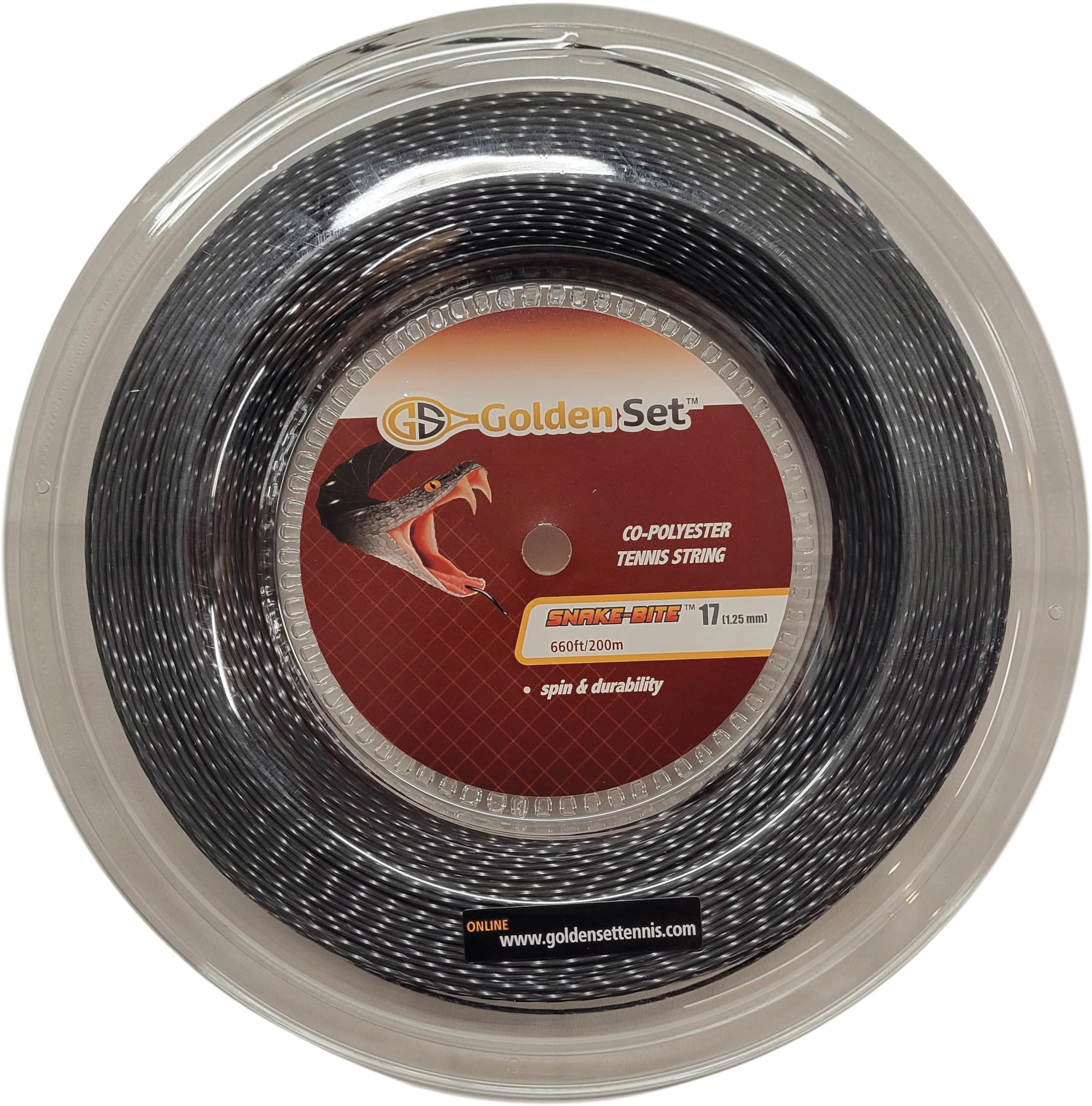 Golden Set Snake-Bite Polyester Tennis String (Black, 17 Gauge Reel (660ft/200mm)
