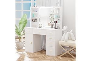 VoirStar Vanity Desk with Mirror & Light, Makeup Vanity with Lights, 6 Drawers Makeup Table with Mirror, 3 Lighting Colors, Bedroom Dressing Table, Large Storage Vanity Desk with Shelf, White